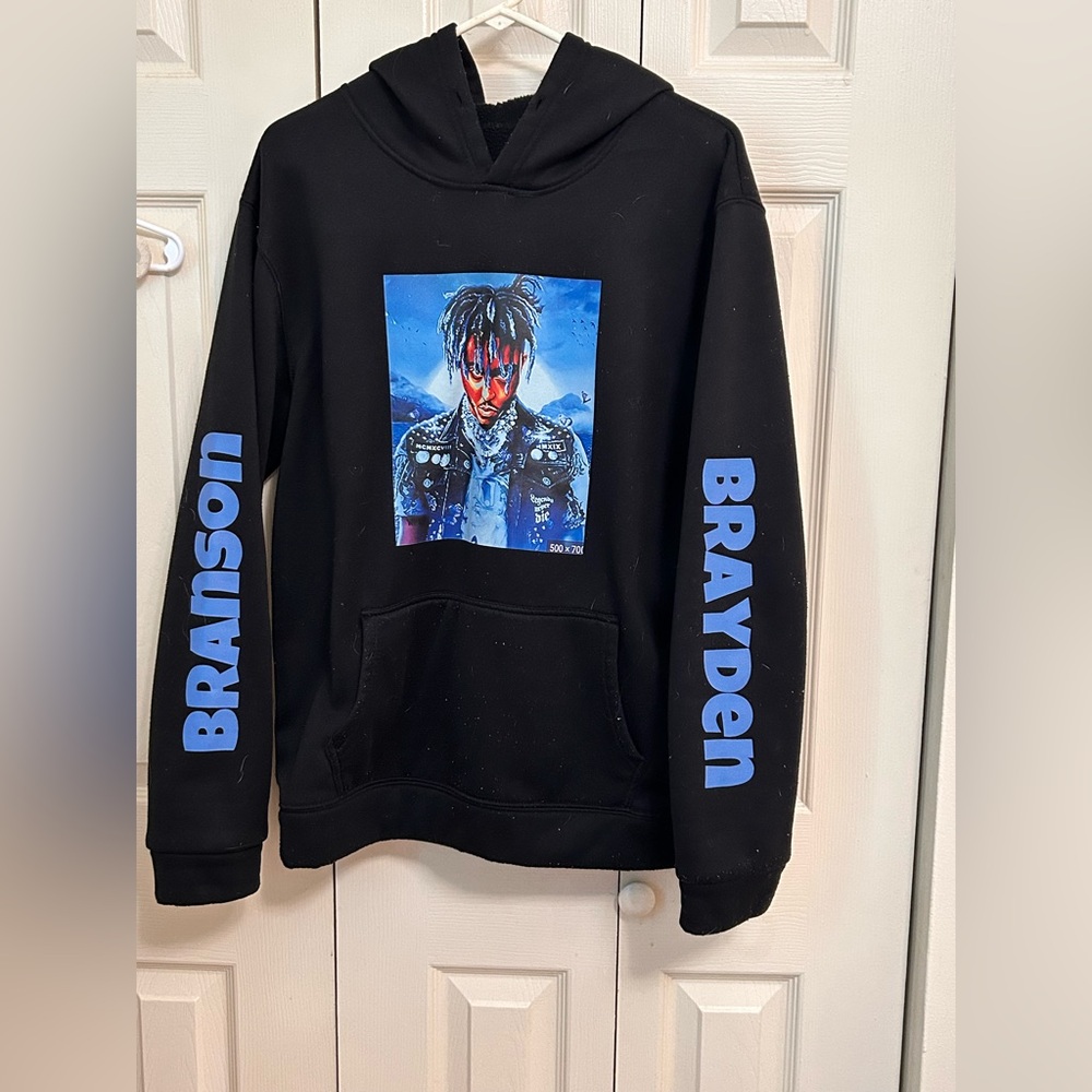 Black Hoodie with Blue Graphic and Text